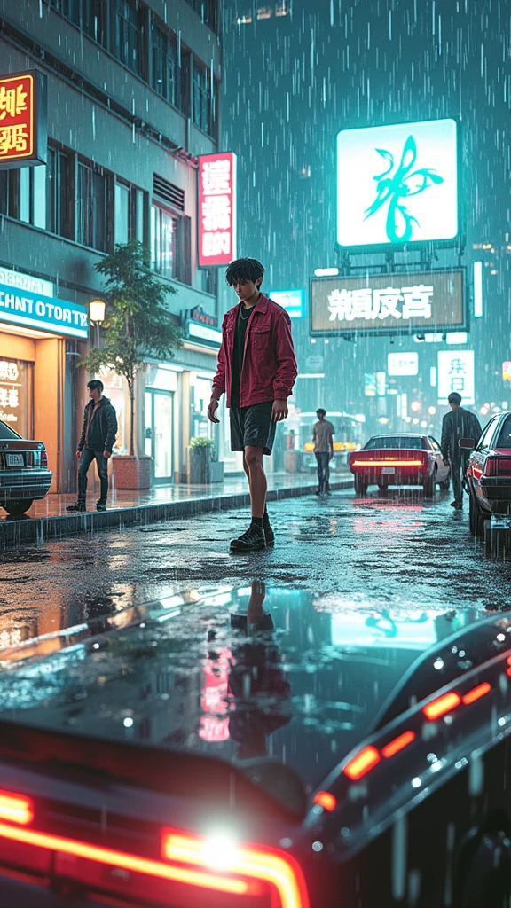 anime:1.5, (masterpiece, Best Quality, High resolution, Fondo de pantalla de unidad de 32K, Extremely detailed CG:1), (weak illustration on stage:1.0), ((1 young and handsome cyberpunk:1.5 dancing in the rain:1.7 )),(( cyberpunk night city:1.4)), neon signs futuristic cars,dark place rain, ((wet clothes magenta neon lights perfectly illuminating the young man:1.45) . 32K