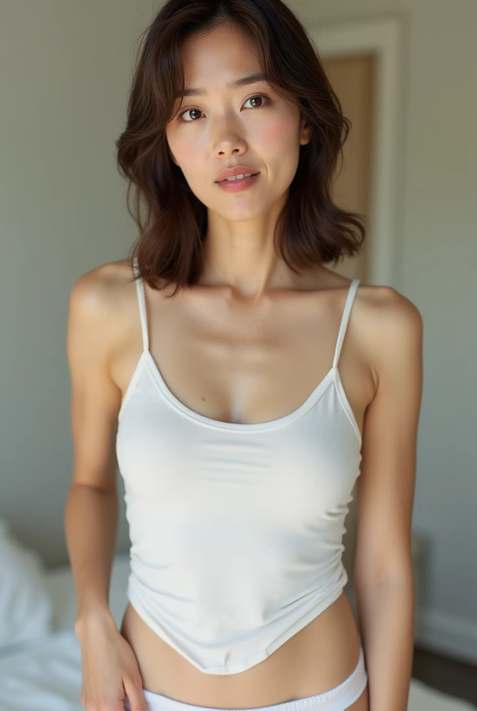 An 18-year-old Vietnamese girl, her youthful face adorned with a hint of morning glow, gently shaking off the last remnants of sleep. Her features are soft and inviting, with a chubby face that exudes warmth and a smile that is about to break through. Despite her fit body, she maintains a sense of modesty and comfort in her attire, wearing a pair of well-worn, light blue shorts that hug her hips just right. The focal point of the image is her stretch, as she raises her arms high above her head, yawning slightly. This action pulls her white, oversized t-shirt taut against her torso, revealing the outline of her ample breasts and the fact that she is braless. The t-shirt, slightly too large for her, has seen better days, bearing the faded logo of a forgotten band, adding a touch of character to her casual look. The soft fabric clings to her, hinting at the supple curves beneath, creating a tantalizing contrast between her chubby face and her more toned figure. Her eyes are still half-closed, her dark hair cascading around her in a messy halo as she stretches. The room she is in is bathed in the soft light of dawn, with the shadows playing across her form, highlighting the contours of her body. The setting is simple and lived-in, with the essence of a typical teenage bedroom - a messy bed with rumpled sheets and a few discarded items scattered on the floor. The overall mood of the image is one of natural, unguarded beauty, capturing a private moment of the girl's morning routine with an artful blend of innocence and sensuality.