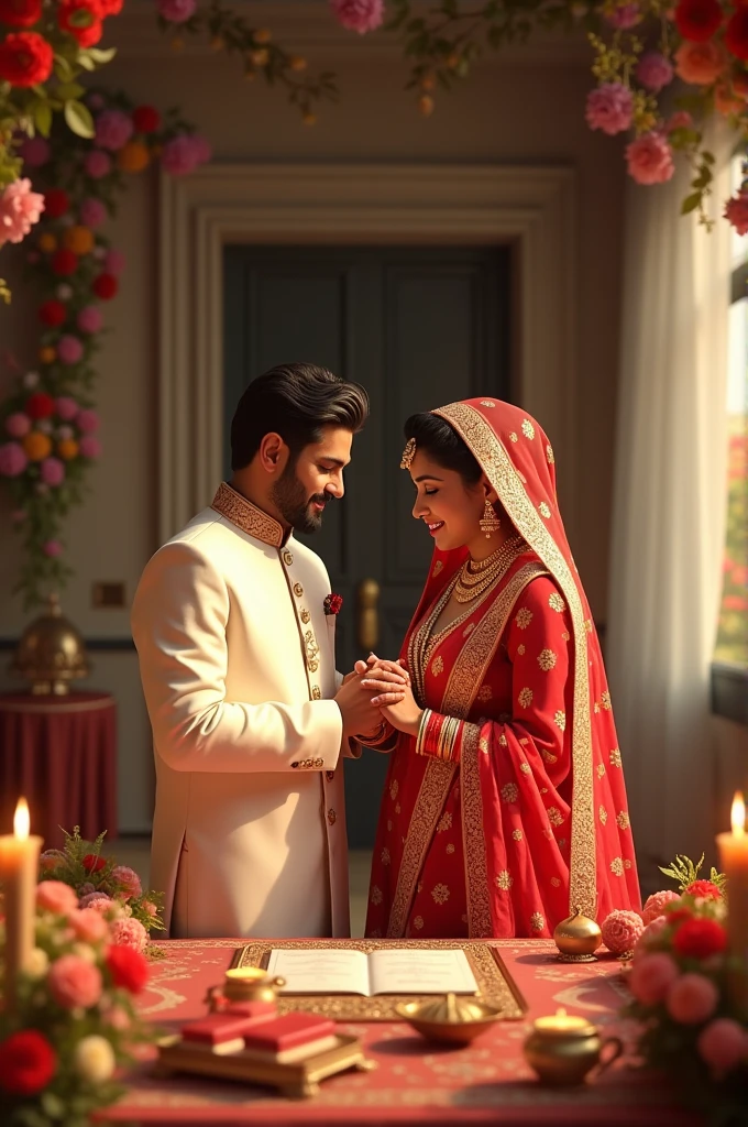 A family home wedding takes place, the bride and groom sign the Kabinnama, the bride wears a red saree and the groom wears a white Punjabi.