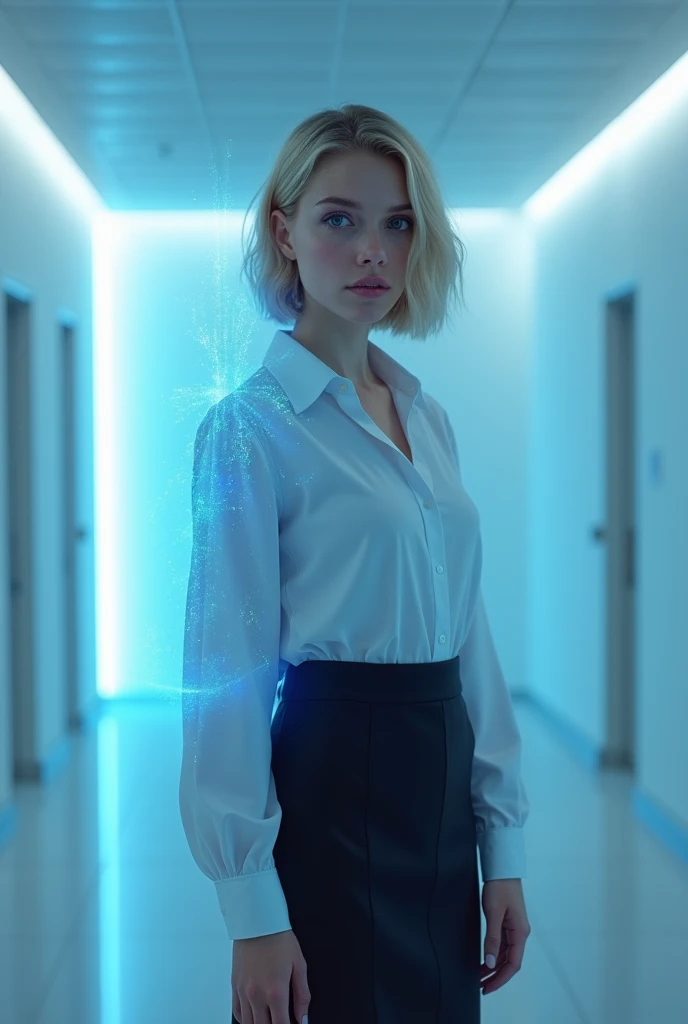 (photorealism:1.2), beautiful woman, swedish, blonde,sad, pensive, assistant, pencil skirt, 18yo, corporate lobby, white floor and ceiling, blue lighting, hologram, projection,looking at camera, short hair, glowing blue line around her face, brown eyes, purple eye liner