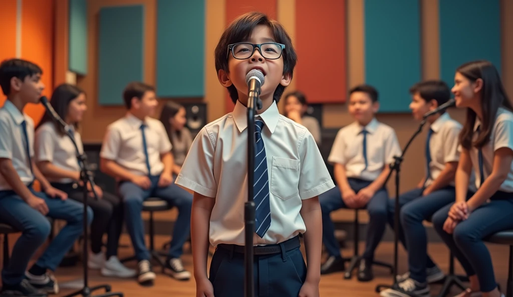 Create a highly realistic image of a boy wearing glasses and a school uniform, singing into a microphone in a studio setting. Ensure the boy is clearly visible and well-presented. In the background, include students displaying friendship and camaraderie. The title "Navodaya Ki Dosti" should be prominently written in bold text on the image.