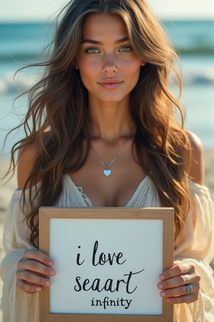 Beautiful girl with wavy long hair, bohemian dress, holding a white board with text "I Love Seaart Infinity" and showing it to the viewer