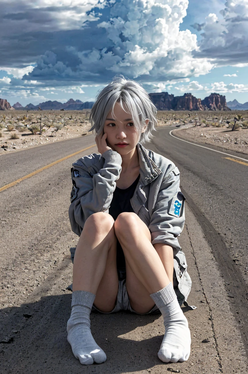 ,(solo:1.1),shota,shota,grey hair,drill hair,cropped jacket,socks,arm strap,huge breasts,crying with eyes open,holding,cloudy,on a desert,shine,,