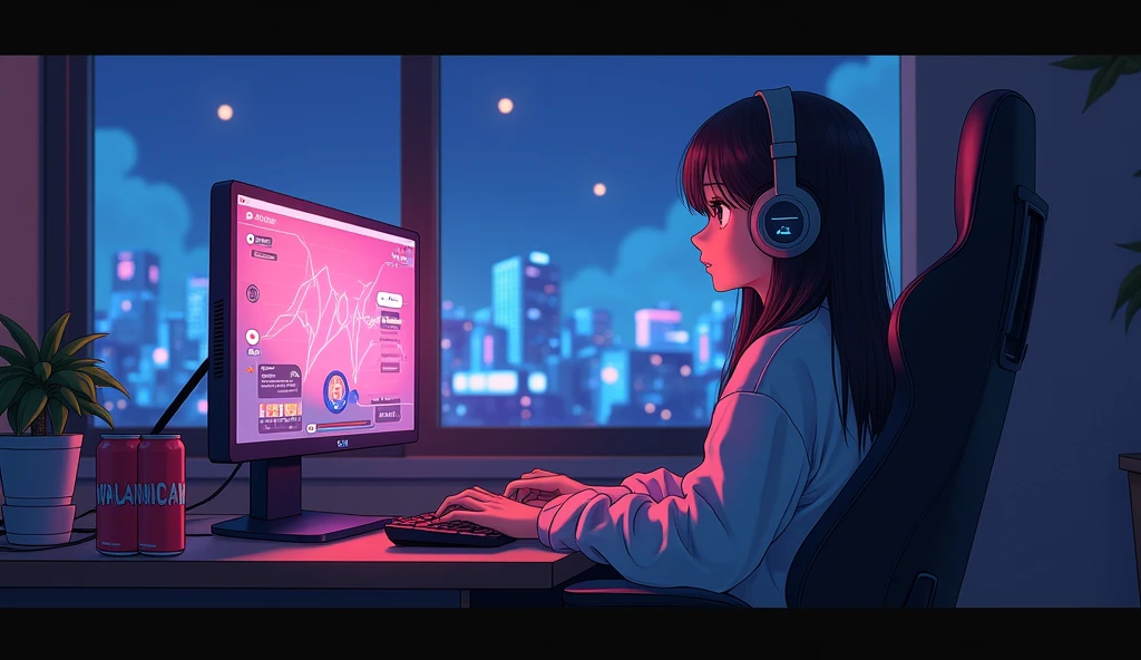 Perfect image, 8k, Energy Drinks、Sit in a gaming chair、Dimly lit room、A high school girl playing a rhythm game on a PC、cute、long hair、 Loungewear、Using headphones,、looks fun、Outside the window is a 2D-style anime of a cityscape, Lo-Fi、night、Retro、Anime style illustrations