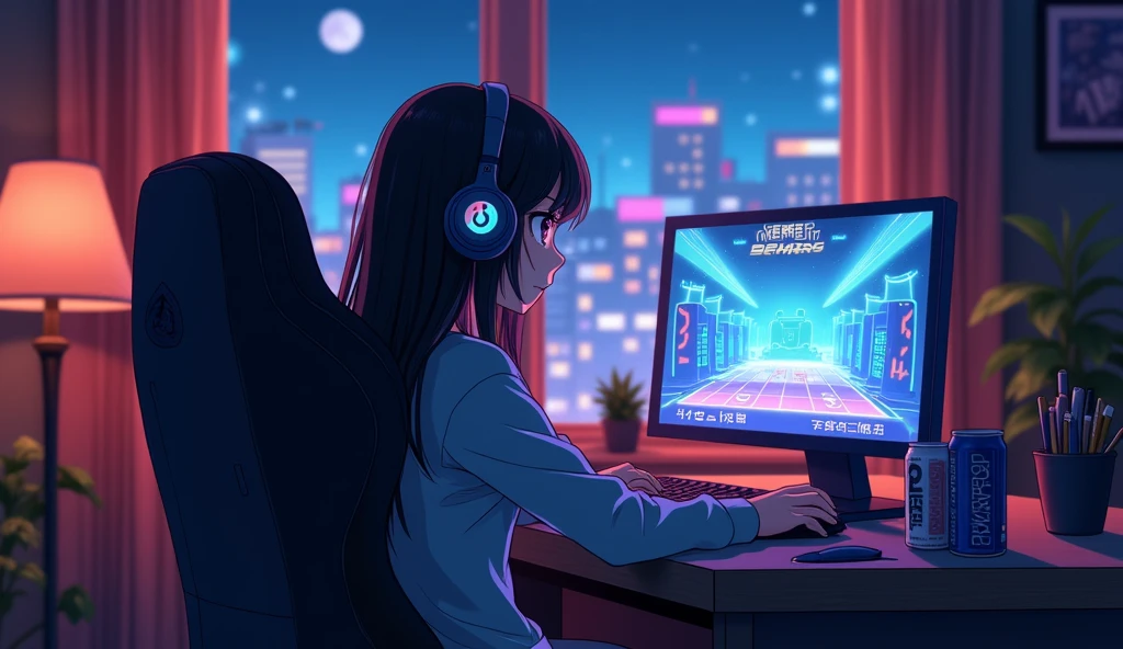 Perfect image, 8k, Energy Drinks、Sit in a gaming chair、Dimly lit room、A high school girl playing a rhythm game on a PC、cute、long hair、 Loungewear、Using headphones,、looks fun、Outside the window is a 2D-style anime of a cityscape, Lo-Fi、night、Retro、Anime style illustrations