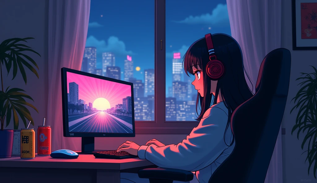 Perfect image, 8k, Energy Drinks、Sit in a gaming chair、Dimly lit room、A high school girl playing a rhythm game on a PC、cute、long hair、 Loungewear、Using headphones,、looks fun、Outside the window is a 2D-style anime of a cityscape, Lo-Fi、night、Retro、Anime style illustrations
