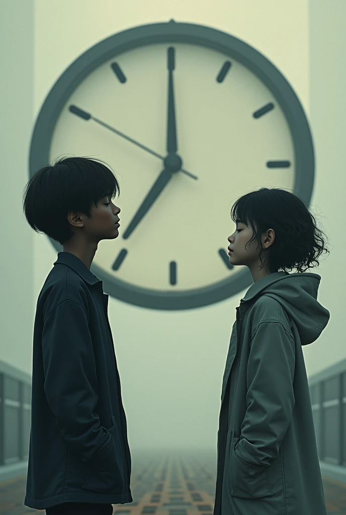 Dark-skinned boy with low, straight hair
and on the other a girl with short curly hair, both with their eyes closed as if they were praying, and in the middle a clock as if at the end of time with their hands in their coat and the two are teenagers and the big clock behind them and in the between the two large clocks, just looking at each other, on one side of the clock and the other on the