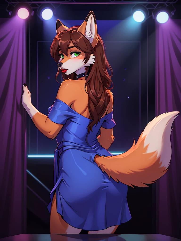Best quality, furry male fox with green eyes, with brown long hair, with black spout, with red lipstick on lips, big lips, in a blue dress, crossdressing, shy, choker on the neck, off-the-shoulder dress, turning my back, flirts, sweaty buttocks, sexy pose, portrait, against the backdrop of an empty nightclub
