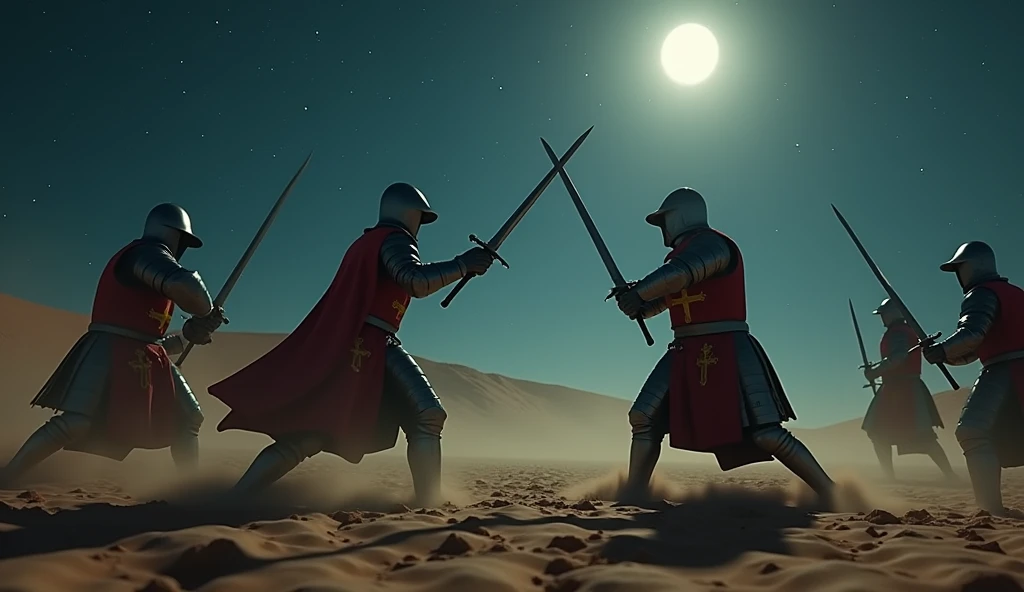 A highly realistic, high-contrast, 8K HD, detailed, hyper-detailed image of Crusader knights fighting with swords in a vast desert under the night sky. The Crusaders, clad in steel armor with red cross emblems on their tunics, engage in intense combat, their swords clashing under the eerie glow of the moonlight. The night sky is filled with stars, and the landscape is shadowed by the dim light, creating a tense and dramatic atmosphere. The sand beneath their feet is disturbed by the fierce battle, and the reflections from their armor add to the cinematic feel. The image captures the raw intensity of the battle, with the Crusaders' determination evident in their every movement. The scene is of the highest quality, with ultra-high resolution, RAW photo quality, and Unreal Engine rendering, portraying the epic and relentless fight in the heart of the desert at night.