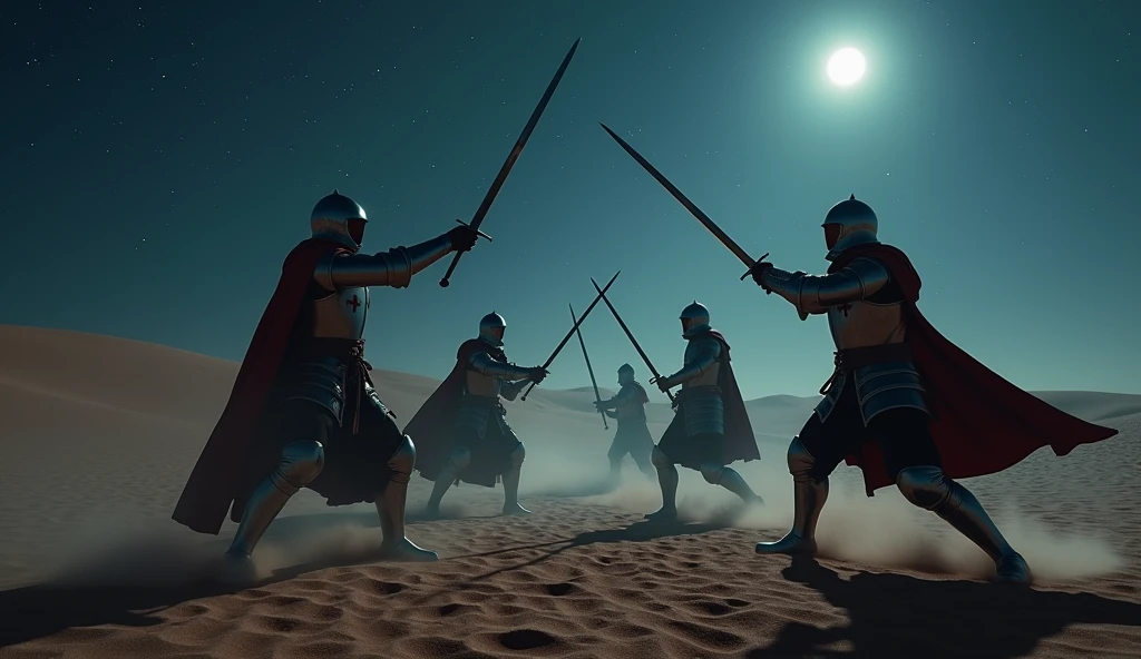 A highly realistic, high-contrast, 8K HD, detailed, hyper-detailed image of Crusader knights fighting with swords in a vast desert under the night sky. The Crusaders, clad in steel armor with red cross emblems on their tunics, engage in intense combat, their swords clashing under the eerie glow of the moonlight. The night sky is filled with stars, and the landscape is shadowed by the dim light, creating a tense and dramatic atmosphere. The sand beneath their feet is disturbed by the fierce battle, and the reflections from their armor add to the cinematic feel. The image captures the raw intensity of the battle, with the Crusaders' determination evident in their every movement. The scene is of the highest quality, with ultra-high resolution, RAW photo quality, and Unreal Engine rendering, portraying the epic and relentless fight in the heart of the desert at night.