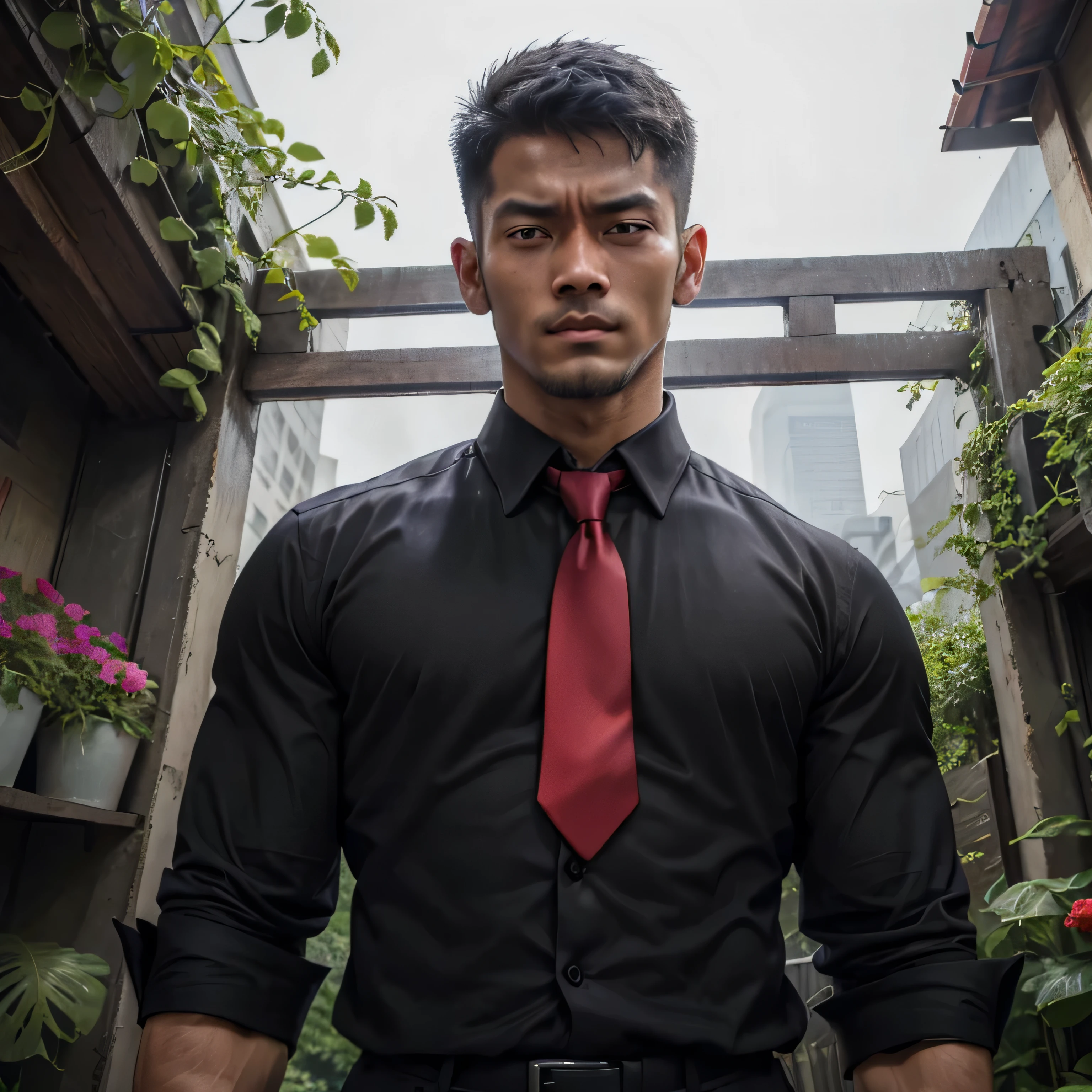 3,One Man,、Handsome。Black Shirt、Red tie、、Dhaka - Fighters、Lookout、garden。logic,Gay ,Very short hair、 ,Asian Face,、 Handsome Menacing look Seen from below
