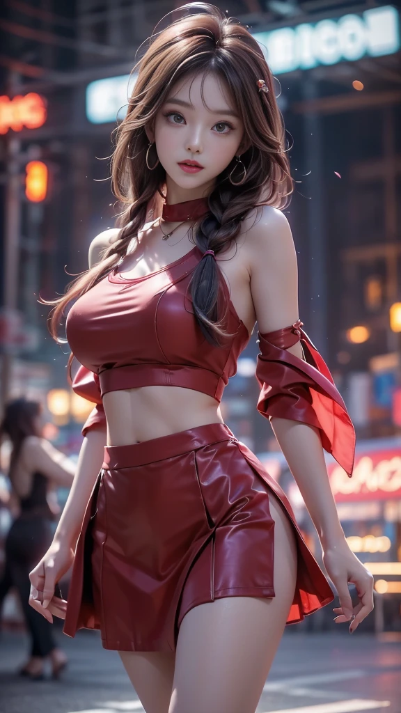 ulzzang-6500-v1.1, (RAW photo: 1.2), (Real photo), (Real photo: 1.4), 1 girl、Perfect anatomy、1、Looking at the camera、Medium length hair、side braid, red dance skirt, dancing in a lively disco, under colored lights, (( in the disco night: 1.1))、(Business service)、Asian eyes Ella,