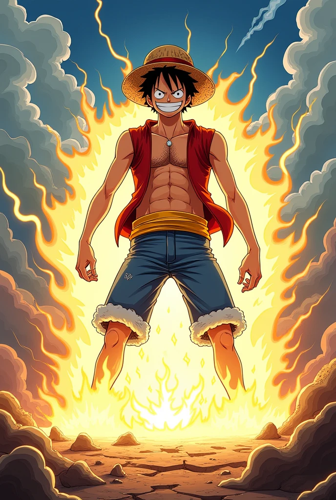 Create a dynamic illustration of Monkey D. Luffy in his Gear 5 form, capturing the essence of his immense power and charisma. Luffy should be depicted in his iconic straw hat, with his body emitting a radiant, almost ethereal energy, showcasing the full extent of his transformation. His expression is a mix of determination and joy, reflecting his playful yet formidable nature. The scene should include swirling clouds and lightning in the background, with the ground cracking beneath him from the sheer force of his power. Incorporate fluid, cartoonish FX elements that highlight the elasticity of his abilities, with exaggerated, bold lines and vibrant colors that stay true to the energetic and adventurous style of One Piece