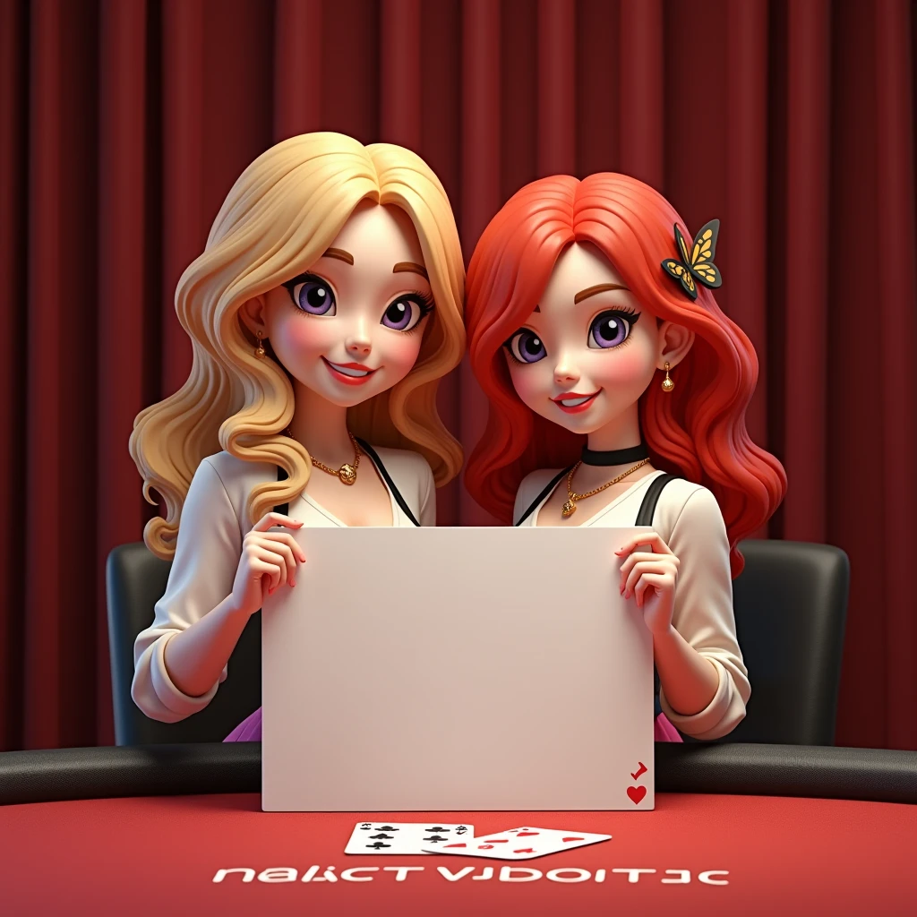 https://heylink.me/.coblos4d/, two real animated girls holding up a sign "SLOT GACOR COBLOS 4D", text fit with sign, teasing smile, happy maxwin, photorealistic, red casino background, big breast, cleavage, standing behind poker table, asian girls,white skin, blonde, wave hair, red hair, jackpot