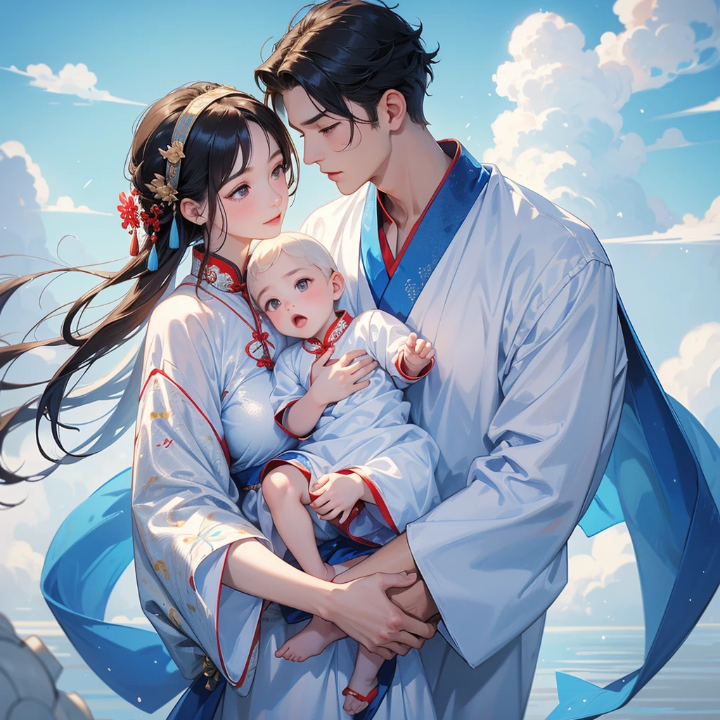 A -yead bab an ancient Chinese baby costume wiis beautiful mother, dressed in an white ancient Chinese costume, There are some floating clouds, playing with each other, with his handsome father standing next to his mother, close up.
Background is a blue sky, with low floating blue clouds all over the area.