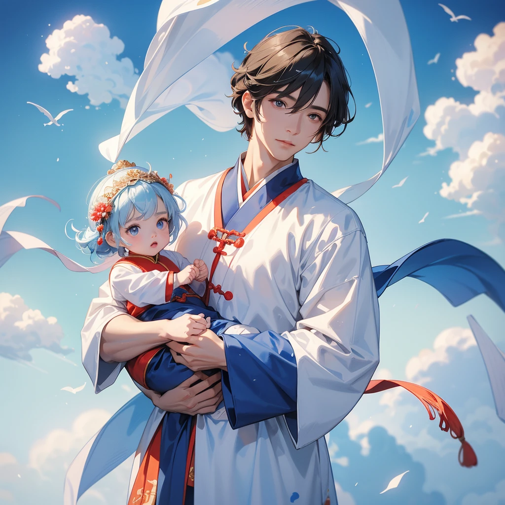 A one-year-old baby boy in an ancient Chinese baby costume with his beautiful mother, dressed in an white ancient Chinese costume, Stroll among the Nemophila fields , There are some floating clouds, playing with each other, with his handsome father standing next to his mother, close up.