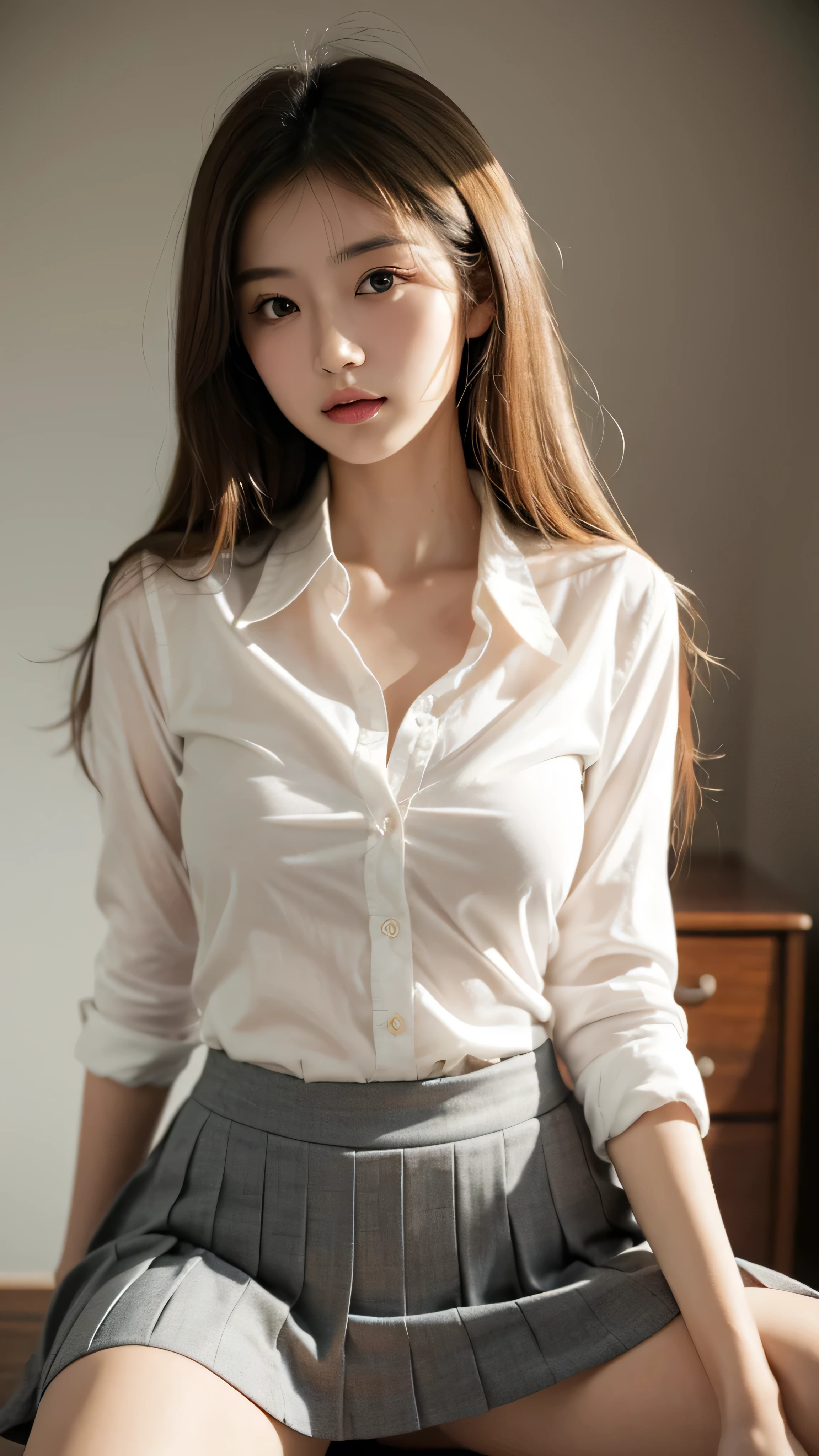 (masterpiece, best quality:1.2), japanese beautiful girl, light blonde long messy hair, highly detailed, naturally beautiful breasts, highres, 1girl, ((wear unbuttoned school uniform)), in photo studio, random seductive pose