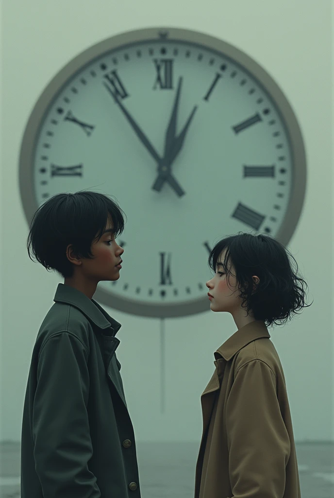 Dark-skinned boy with low, straight hair
and on the other a girl with short curly hair, both with their eyes closed as if they were praying, and in the middle a clock as if at the end of time with their hands in their coat and the two are agers and the big clock behind them and in the between the two large clocks, just looking at each other, on one side of the clock and the other on the
