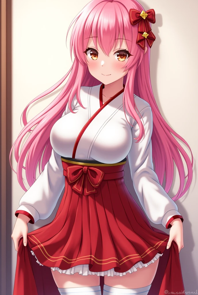 Anime Style Pink Hair Straight Hair Japanese Miko costume Open the chest Show your boobs Big Breasts Red bellows skirt Smile Tuck up your skirt White Pants