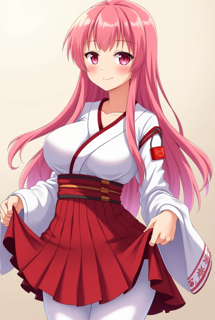 Anime Style Pink Hair Straight Hair Japanese Miko costume Open the chest Show your boobs Big Breasts Red bellows skirt Smile Tuck up your skirt White Pants