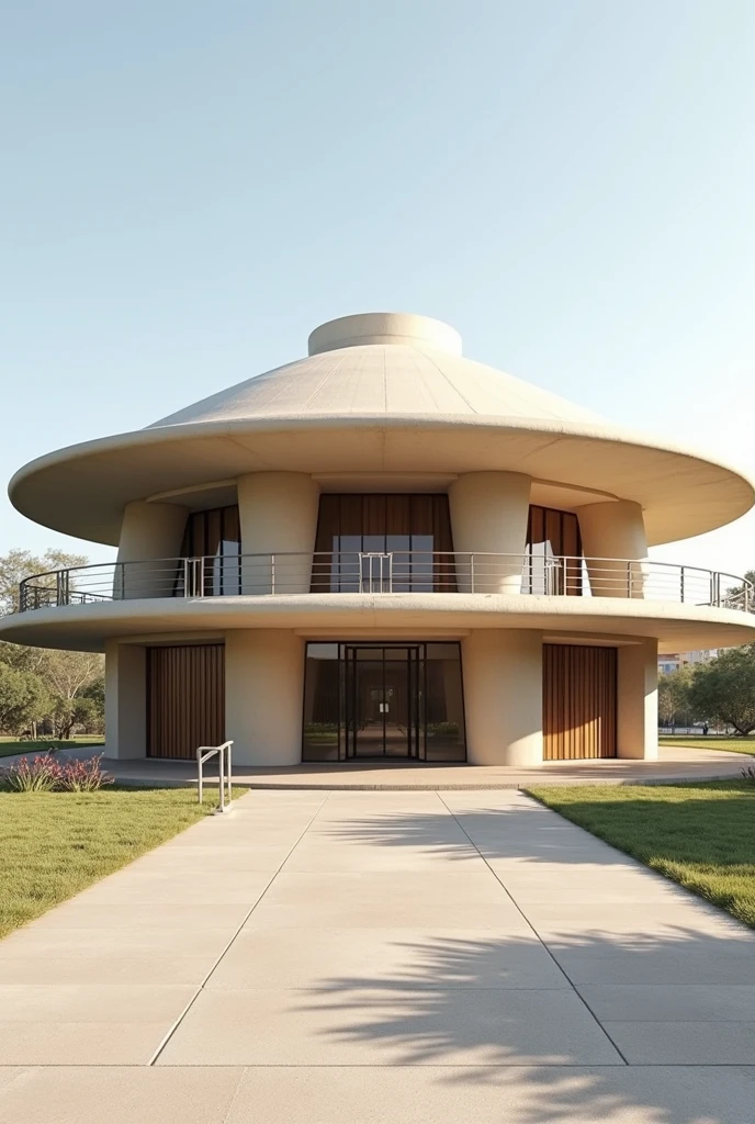 Two-story building inspired by the chola hat of Cochabamba with functional spatial organization and straight morphology , with wide stands on the outside with ramps for the disabled with a circular base without a point 