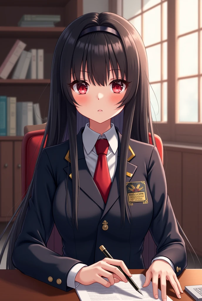 student council girl, japanese hime black hair, red eyes
