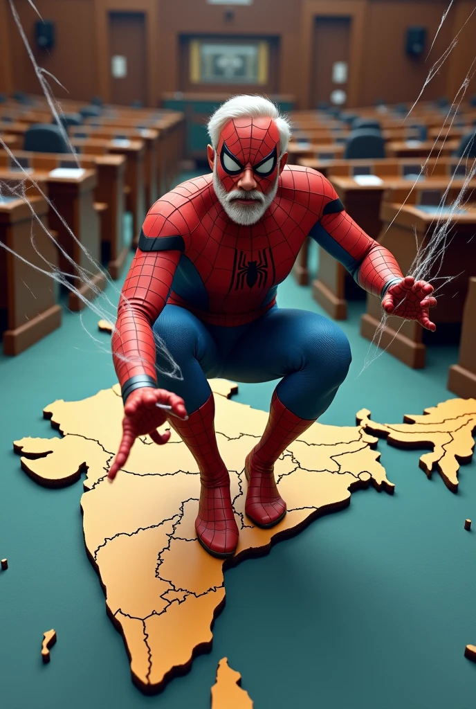 Modi wearing Spiderman suit and shooting web on india map in Loksabha