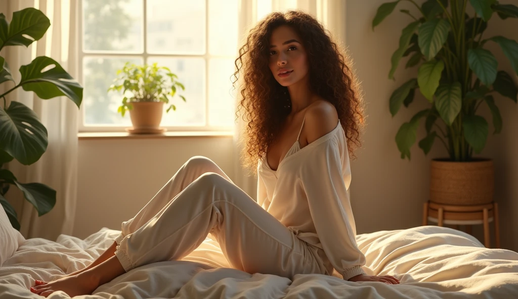 (photorealism:1.2), beautiful woman, sitting on bed, wearing loose off-shoulder top, pajama pants, long curly hair, indoors, soft lighting, plants in background, window with sunlight, cozy room, relaxed pose, realistic, intricate details, warm colors, by Greg Rutkowski, by Alphonse Mucha