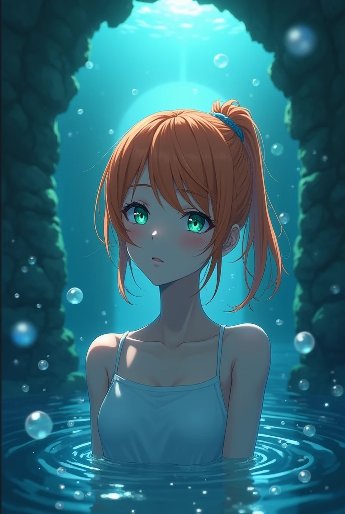 Wallpaper,masterpiece,High resolution,8K, anime
(Misty_Pokemon)(1 18-year-old girl)
(Orange Hair,one side up hair,Big green eyes,Small breasts,Skinny) cute girl,
I can feel the spirit in my eyes. ((Amazingly absurd)), Attention to detail, high quality, A sunken ruin, water、Surrounded by bubbles、A world of deep blue、Overall, a work in deep blue tones