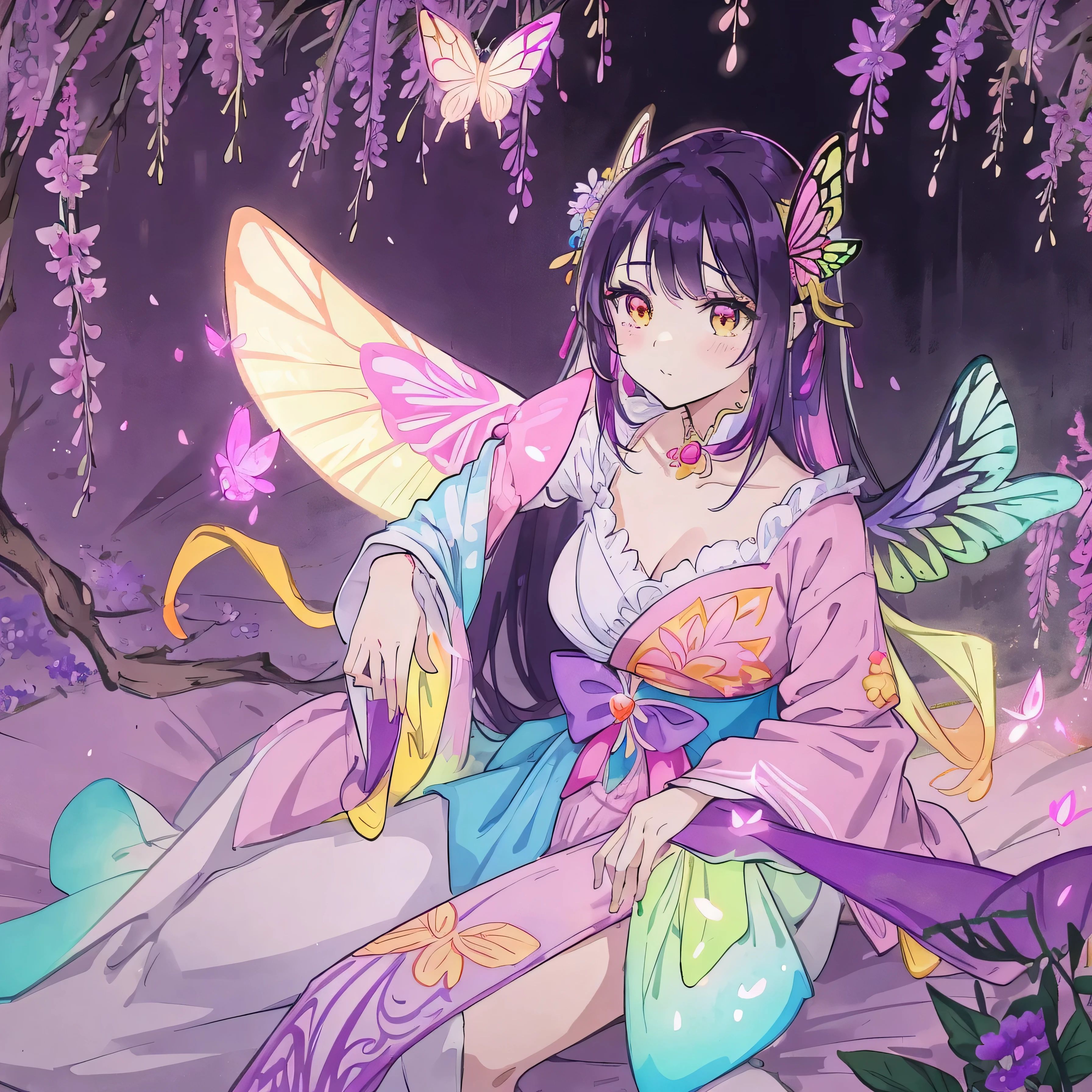 portrait of a beautiful girl, with large pink butterfly wings in the style of anime tarot card art in the style of colorful, colorful sparkles flying everywhere, wisteria flower, a magical, dreamy glow effect, glowing lights, vibrant colors of pink, black, yellow, white, purple, red, orange, and blue. --ar 3:4 --niji 6