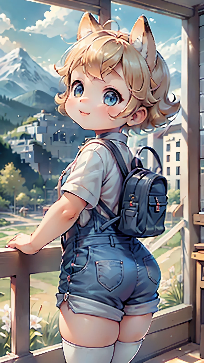 8k resolution, Highest quality, Very HDR, masterpiece, Perfect Anatomy, Intricate details, One person, , Fox Girl, Honey-like skin, Round Head, Blonde, short hair, Bright Blue Eyes, Thick eyebrows, Plump and glossy lips, mole, Rosy Cheeks, Pinch your nose, Tomboy, intellectual, rich, Happy, Toned Up, thick, Small box, Thick thighs, choker, Overalls, Shorts, White thigh-high socks, Backpack, Cowboy Shot, Rear view, In the mountains