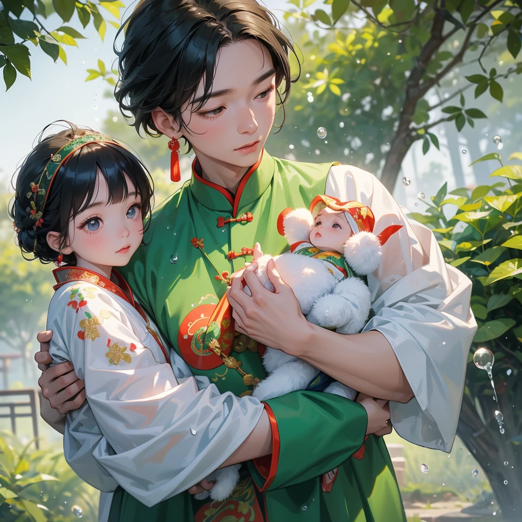 A one-year-old baby boy in an ancient Chinese baby costume with his beautiful mother, dressed in an white ancient Chinese costume, playing with each other, with his handsome father standing next to his mother, close up.

Background is trees, vegetables, lush green, with water drops after rain, with water droplets everywhere, green