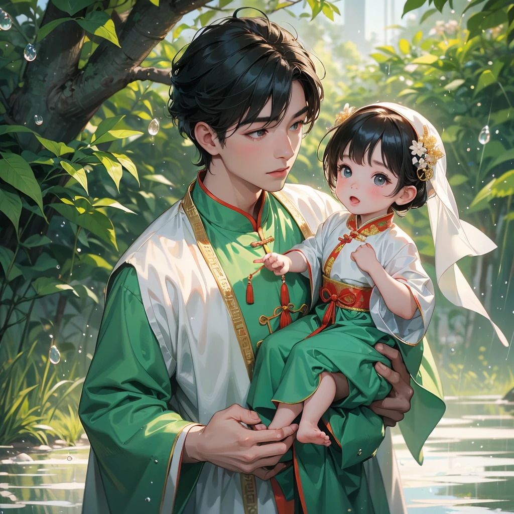 A one-year-old baby boy in an ancient Chinese baby costume with his beautiful mother, dressed in an white ancient Chinese costume, playing with each other, with his handsome father standing next to his mother, close up.
Background is trees, vegetables, lush green, with water drops after rain, with water droplets everywhere, green