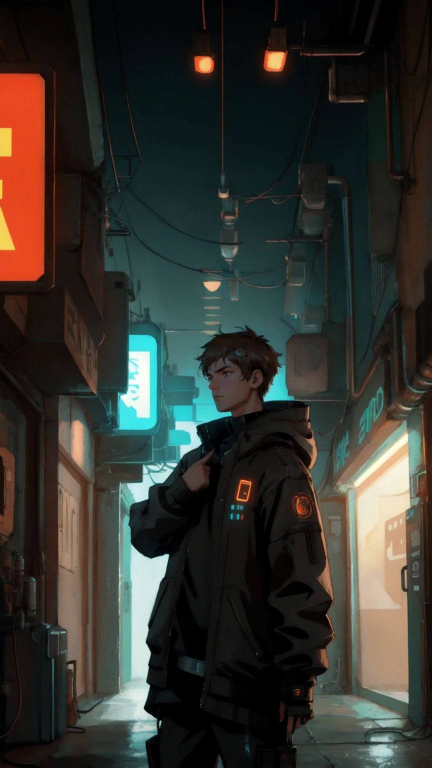 A futuristic alleyway with a brown, grungy backdrop. The scene features a perplexed robot character examining a flickering sign that reads 'Permanent Temporary Fix.' Surrounding the robot are floating Bitcoin symbols, each emitting a faint glow that contrasts with the worn, industrial environment. The atmosphere is tense, filled with the buzz of malfunctioning electronics and the uncertainty of a quick fix.