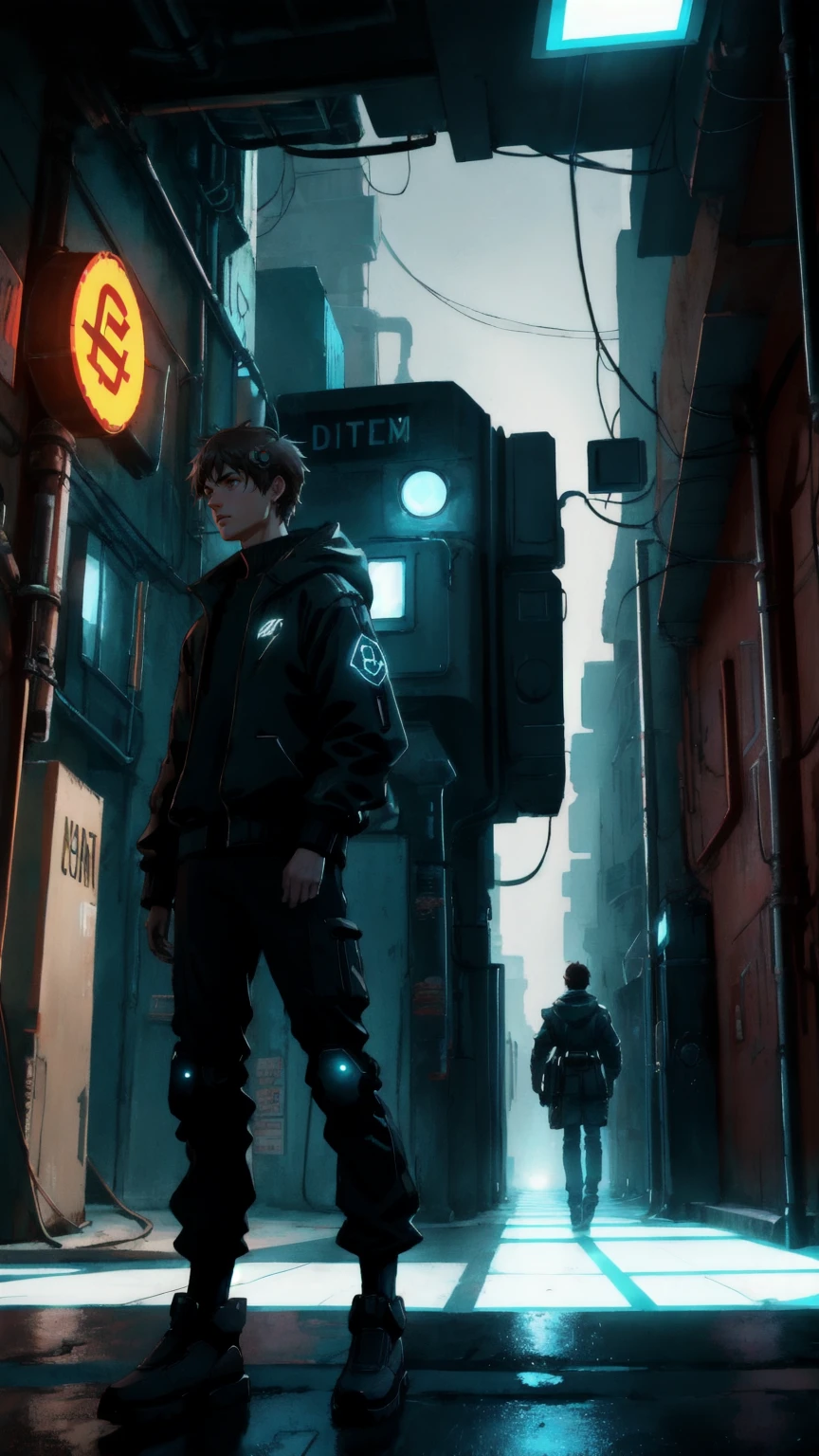 A futuristic alleyway with a brown, grungy backdrop. The scene features a perplexed robot character examining a flickering sign that reads 'Permanent Temporary Fix.' Surrounding the robot are floating Bitcoin symbols, each emitting a faint glow that contrasts with the worn, industrial environment. The atmosphere is tense, filled with the buzz of malfunctioning electronics and the uncertainty of a quick fix.