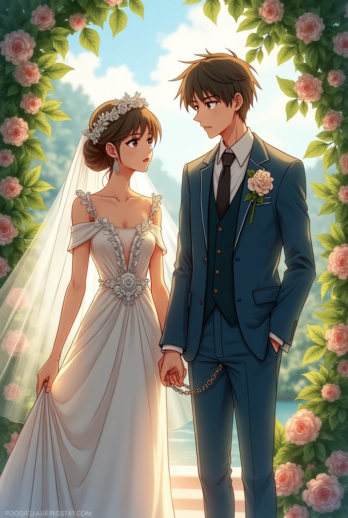 watercolor anime comic art, Clyde Caldwell art of a groom in his wedding day chained to his bride, cinematic light, High Detail, Ultra High Quality, High Resolution, 16K Resolution, Ultra HD Pictures, 3D rendering Ultra Realistic, Clear Details, Realistic Detail, Ultra High Definition, 