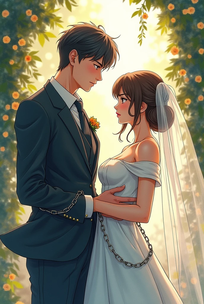 watercolor anime comic art, Clyde Caldwell art of a groom in his wedding day chained to his bride, cinematic light, High Detail, Ultra High Quality, High Resolution, 16K Resolution, Ultra HD Pictures, 3D rendering Ultra Realistic, Clear Details, Realistic Detail, Ultra High Definition,