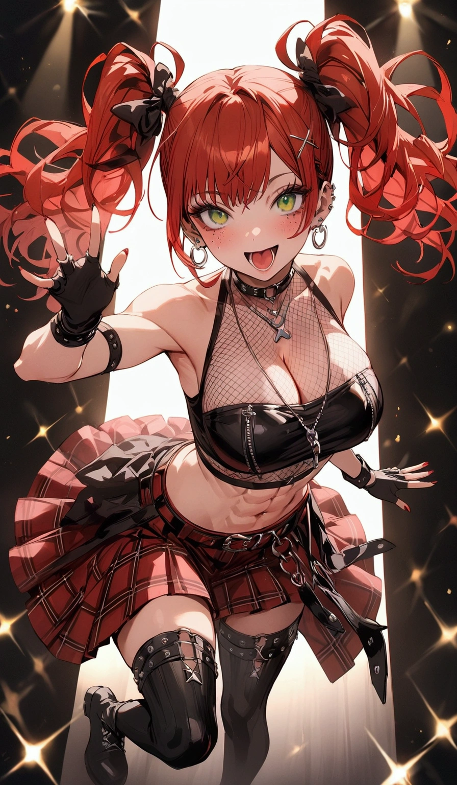 woman, curly black and red hair in pig tails, green eyes, black eyeshadow, wearing crop top black shirt, black jacket, red plaid skirt, black knee high boots, black fingerless gloves, exposed shoulders, large breasts, freckles, abs, cleavage, looking up at viewer, masterpiece, best quality, Holo-Punk Style, singing and dancing on stage, make up, eyelashes, fish net undershirt, fish net stockings, (full body)