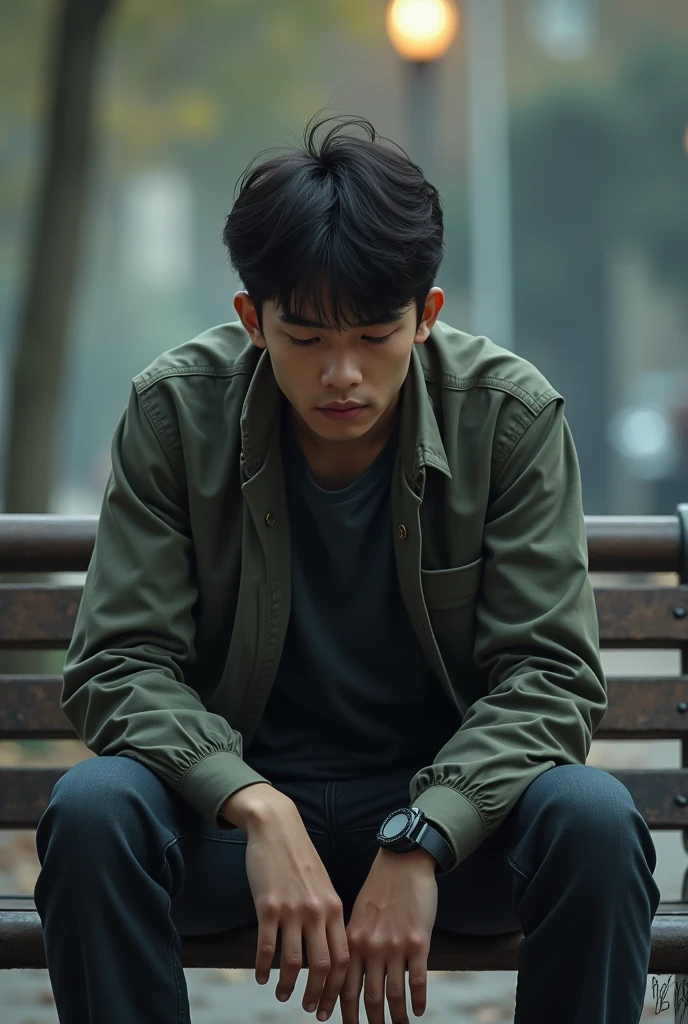 Young man sitting on a bench thinking and bowing his head. Detail 4k. Man from front.