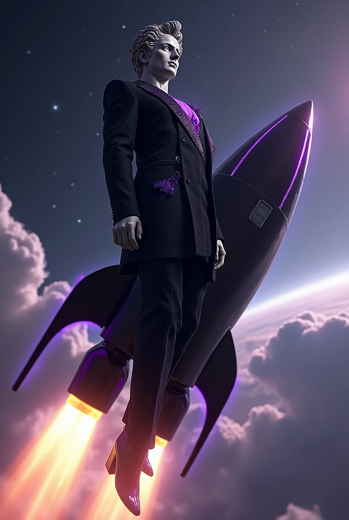 Greek statue dressed in a black suit with purple details on top of a flying rocket
