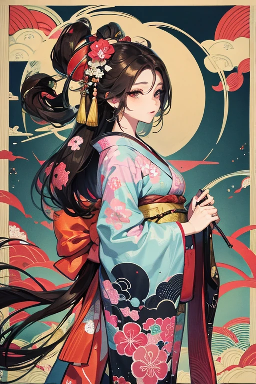 A beautiful woman in a kimono shows her white teeth、Vividly colored Japanese Ukiyo-e style illustrations、SeaArt creates stunning illustrations of beautiful women in kimono、Brown-black long hair、Full Body Style、Beautiful digital illustrations,、Beautiful digital painting, Anime CG art, Detailed digital anime art, Beautiful anime portraits