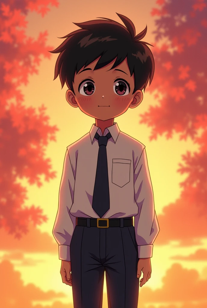 Short hair,Happy shy anime boy ,dark skin colour, wearing formal shirt and pants and tie, background colour was Red and yellow mixed.