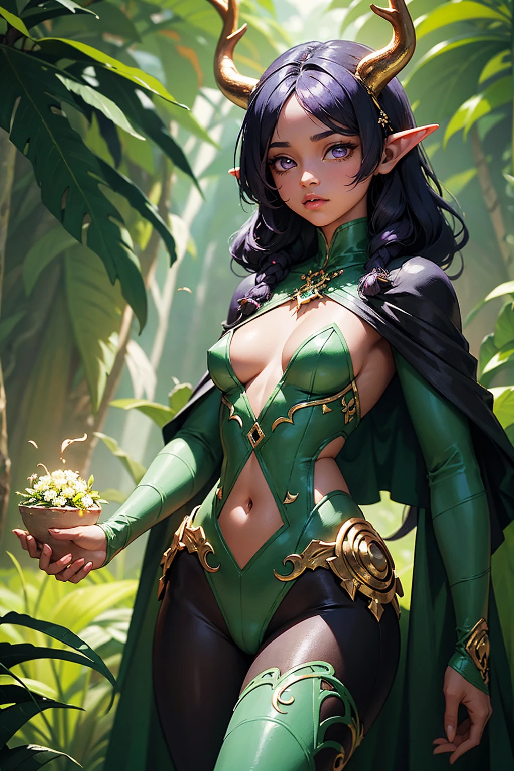 Jungle like environment. A young African-American Woman with a deep, rich brown skin tone. She short has leaf green curly hair & is wearing a form-fitting bodysuit with a deep neckline, exposing much of her chest area & slightly revealing mythic flowing Black-Purple-Green cloak with Golden Floral designs. She has Serious yet gentle gaze in her heterochrome eyes, with One eye being a deep green and the other being a light gold. She has long crystal blue antlers radiating Floral energy & a set of quaint elven ears. She has a small cute nose She is seen in a battle stance radiating a floral energy