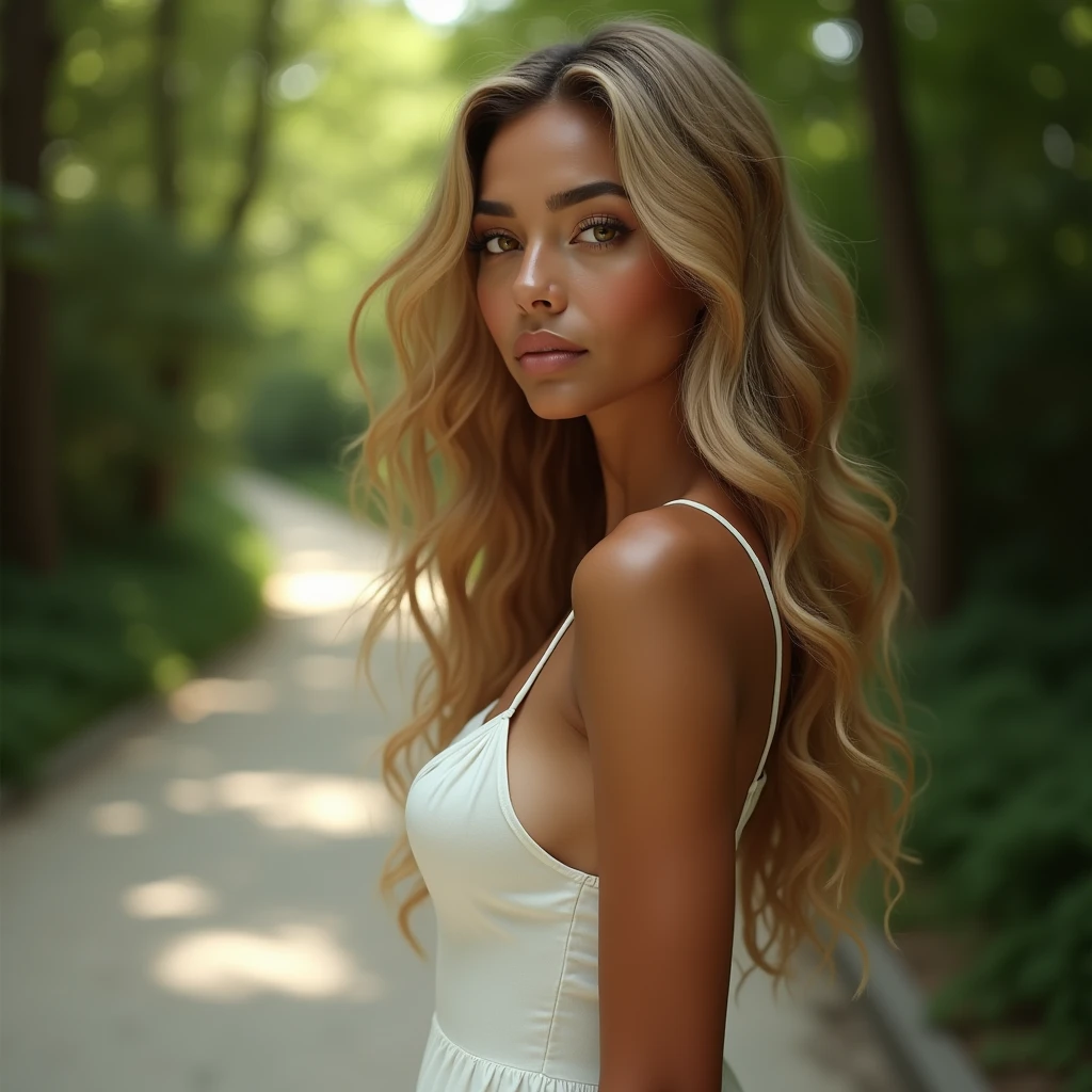 She Take a selfie, Her head is turned to the side, she is in profile , Toffee color skin, beautiful toffee mixed woman 2 with long blond curly hair and extremely detailled clear yellow eyes, she is on a beautiful big white path between the trees, she is wearing a beautiful sexy flared white short dress, She's looking to the side,