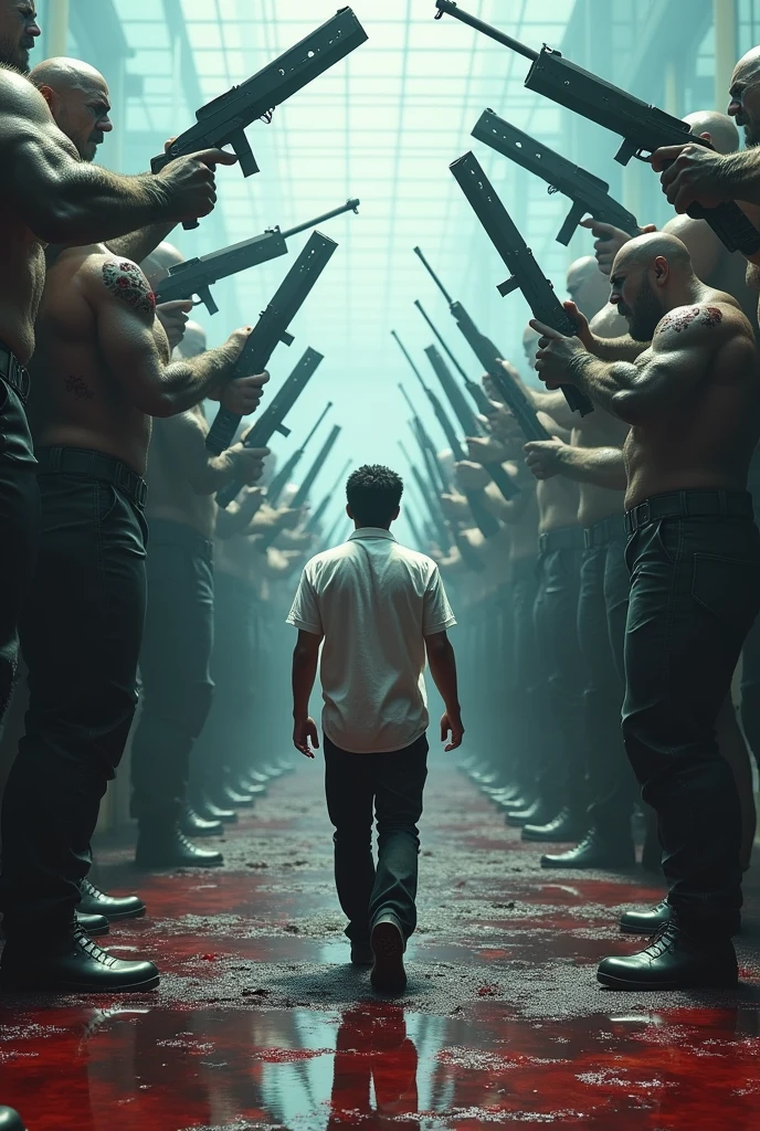 Main character:- with white shirt and black pant and black shoes in his shirt blood drops are visible and listings music with chill mood.
Background:- in the glass place every were every where in was blood and dead body laying in the floor.
Villains:- huge body builders more than 50 peoples with dangerous weapon and move the weapons towards main character in angry mood attack the main character with a circular position
