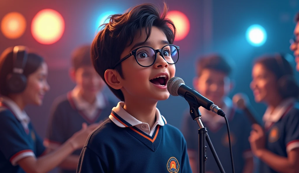 Create a highly realistic image of a 18year boy wearing glasses and a school uniform with Navodaya ligo, singing into a microphone in a studio setting. Ensure the boy is clearly visible and well-presented. In the background, include students displaying friendship ."Navodaya Ki Dosti" should be written in bold text on the image.