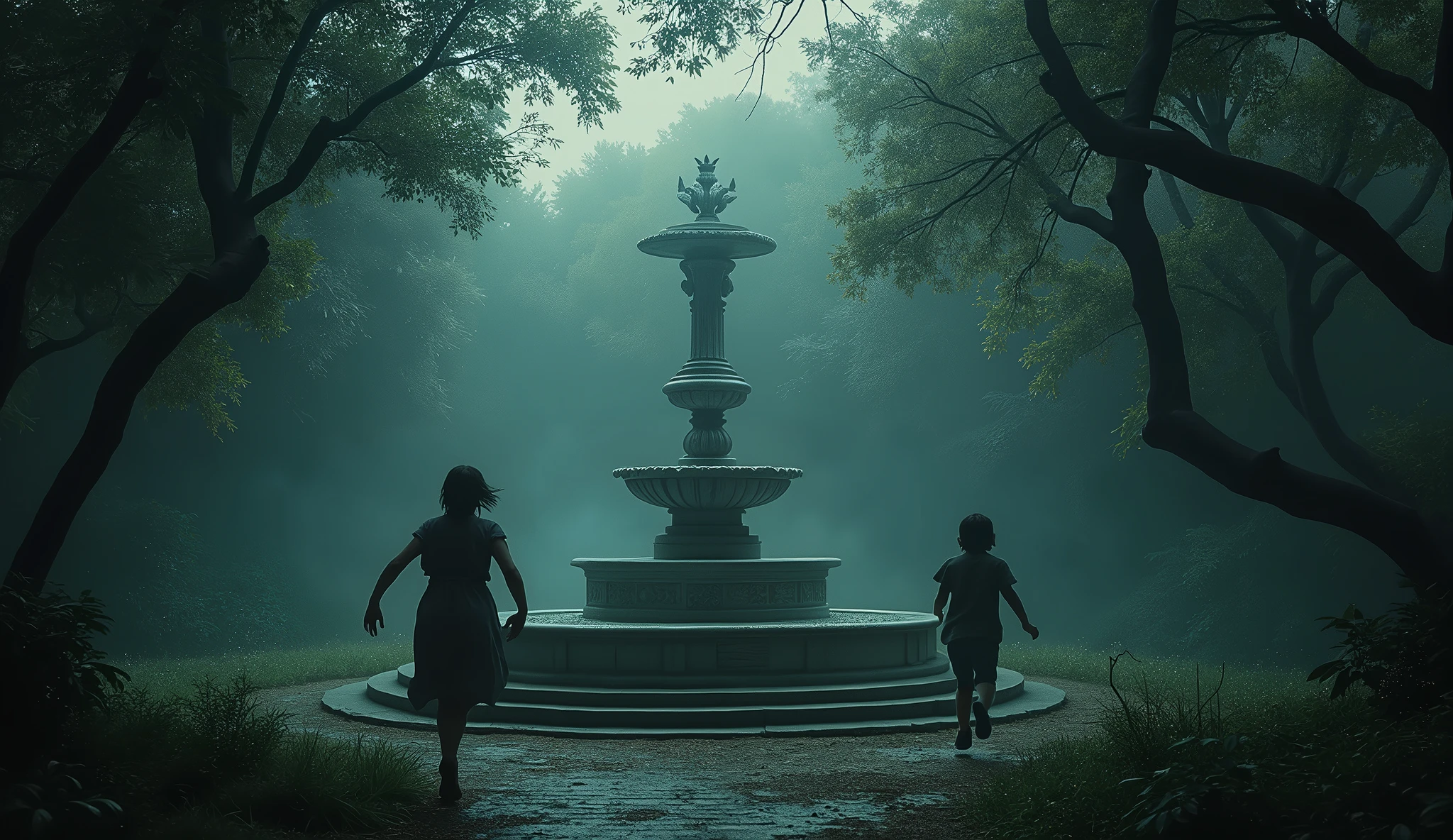 create the realistic HRD image, UHD 8k of a garden with flowers, a Greek style marble fountain in the center, leafy trees, movie lighting, distress and dark atmosphere, horrible shadows, running children, fear, tilt view. Horizon 30° degrees.