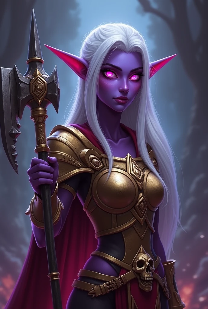 World of Warcraft Game Theme Image of a 32 year old white haired elf standing holding her favorite War Hammer,dark purple Skin,blood elf Paladin Wow, Long elf ears, glowing purple eyes, golden armor, Golden Pauldrons, Golden skull Pauldron, Gold and Red Chestpiece,golden Gauntlets, Dark red tabard,  dramatic tones. A masterpiece with the highest resolution. , Surrealist image type