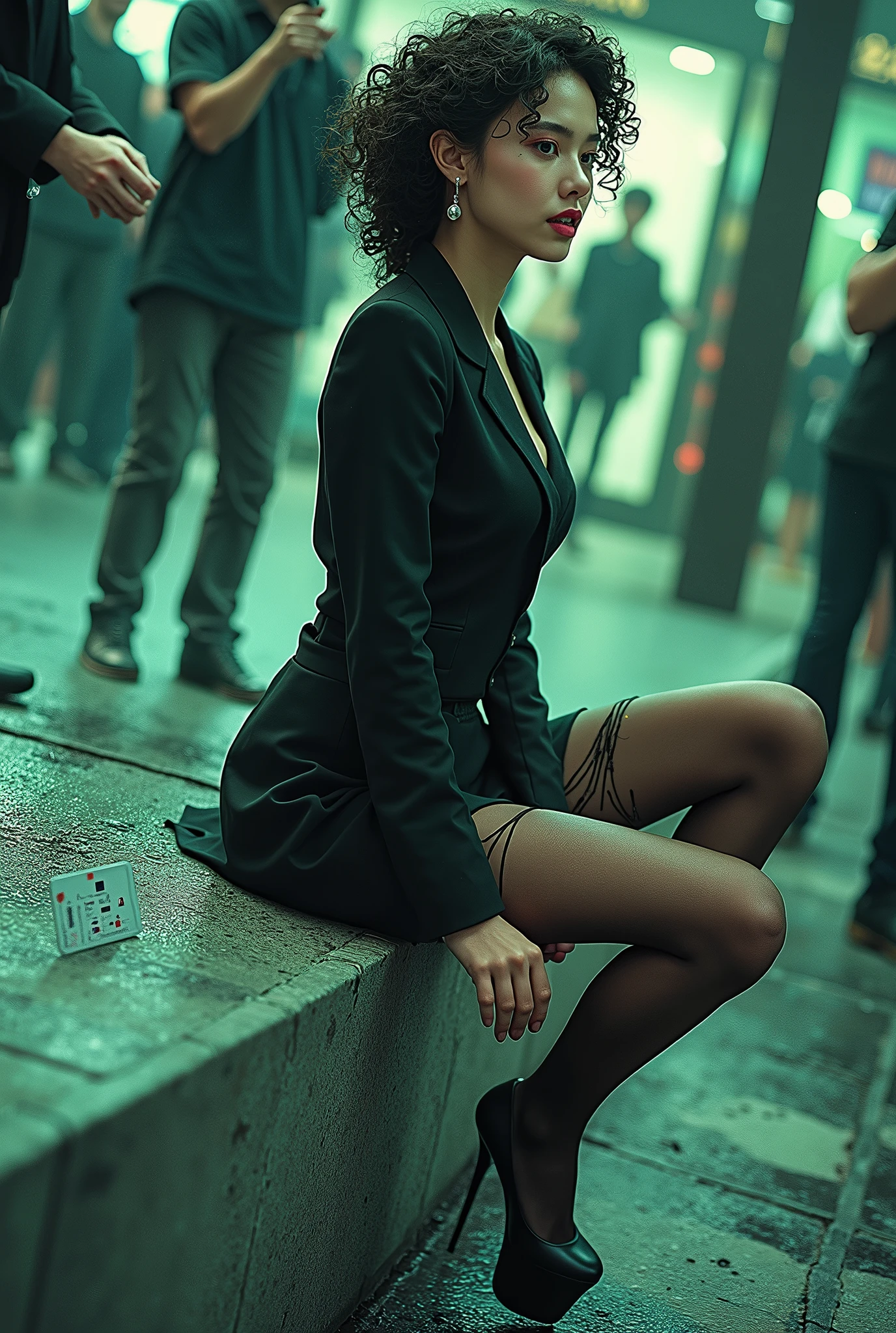 /quality (masterpiece,best quality,high resolution,High Quality,Realistic) /hair style (Curly Hair) /Clothes (pencil skirt,job interview suit,Black jacket,torn pantyhose:1.5,earring) /Pose Bend over,sit lean against a wall, legs spread:1.5 (Ahegao,orgasm,steam:1.5,swet:1.5), /Other crowd:1.5,fair skin,foot focus,lean against a wall,men,s hand:1.5,night, Roadside,ID card,asian