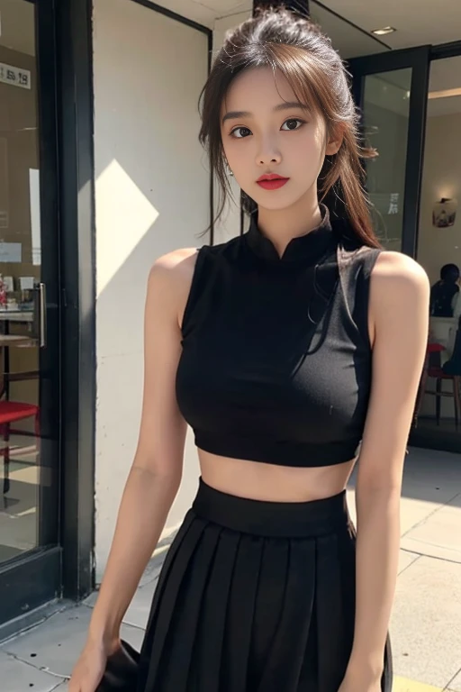 1 Girl,square,Soft Light,Chinese Beauty,sleeveless tops,Pleated Skirt,